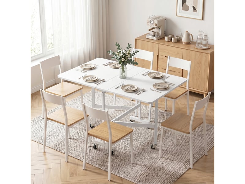  Table à manger pliante sur roulettes pour 4-6 personnes 120 cm, roues avec freins, style industriel, 2 abattants, blanc  - Conforama D