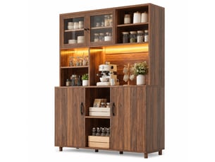 Armoire haute 120x40x185 cm, avec led, buffet de cuisine, portes coulissantes en verre, style rétro, mdf, coloris noyer