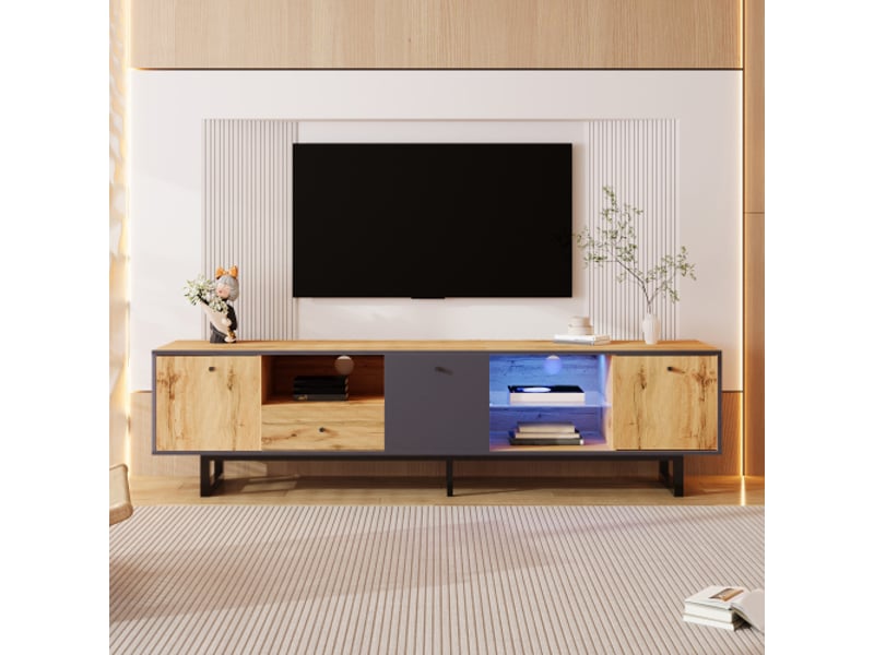  Meuble tele haut led design | lowboard avec éclairage led, séparation verre et charnières amorties 190 x 40 x 50 cm  - Conforama B