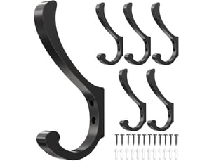 Lot de 6 crochets muraux dorés, robustes en métal pour vêtements, manteaux, clés - design élégant, noir