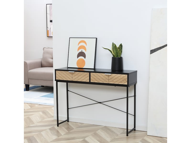  Console étroite à 2 tiroirs, design aux lignes sculptées, style moderne, noir et chêne  - Conforama D