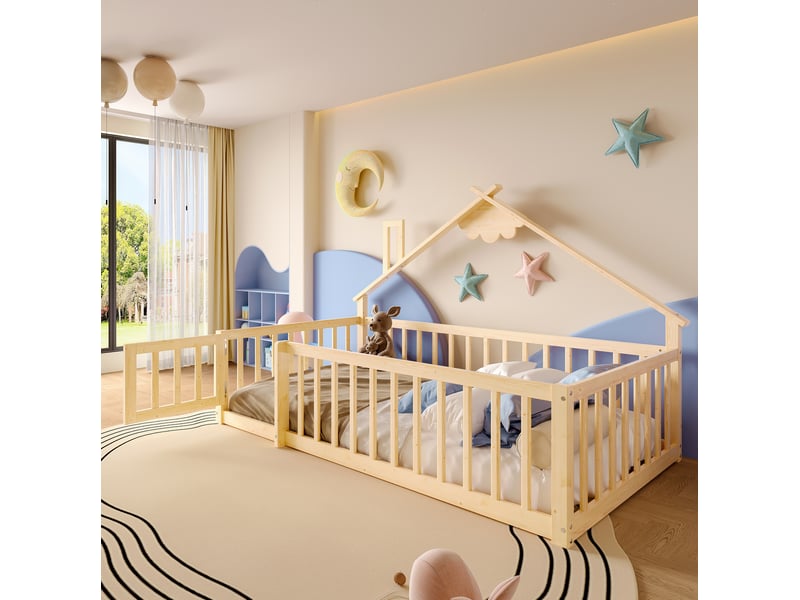  Lit enfant 90 x 190 cm en bois, forme maison avec barrière verrouillable naturel  - Conforama E