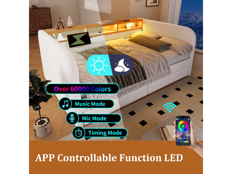  Lit capitonné 140x190 cm en lin beige clair, cadre de lit avec 2 tiroirs de rangement, tête de lit led et ports usb pour chambre adulte  - Conforama E