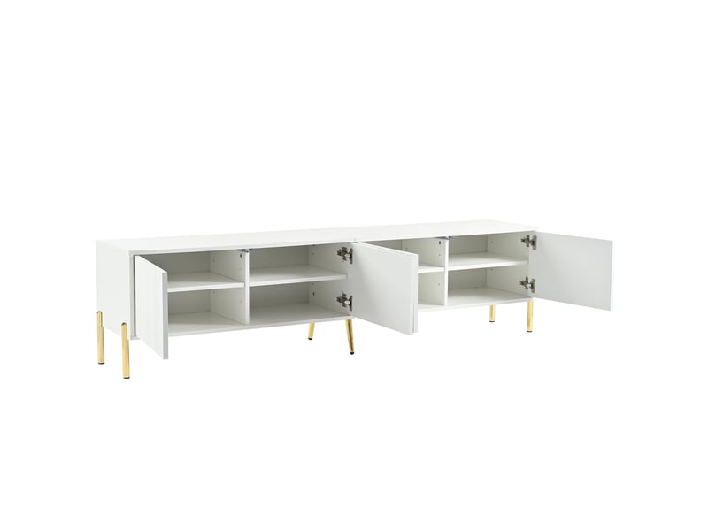  Meuble tv blanc chic moderne 190x38x48 cm - portes cannelées, pieds dorés  - Conforama D