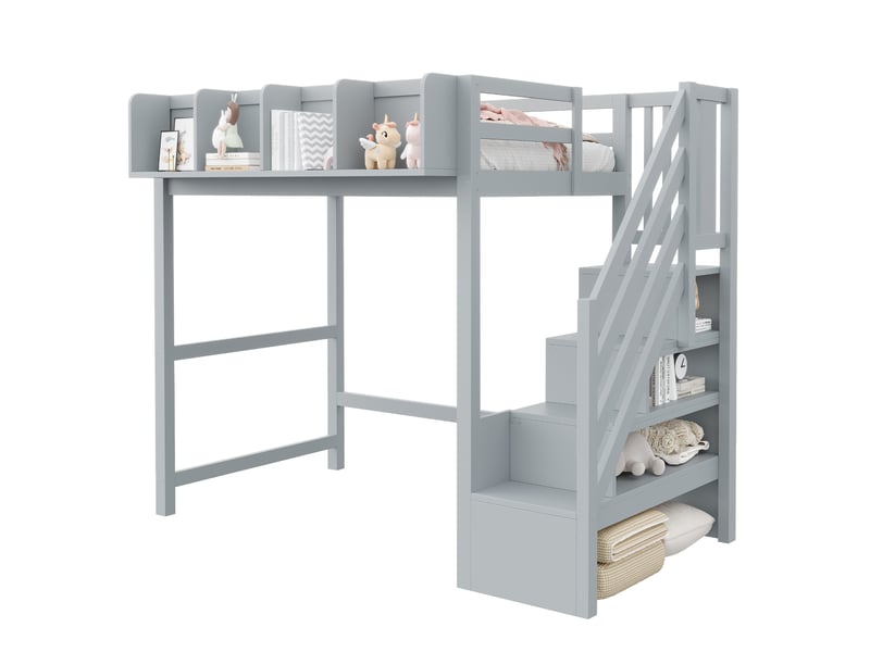 Lit mezzanine 90x200 cm avec rangements et éclairage led en bois gris - Conforama A