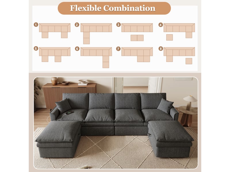  Canapé d'angle 6 places en forme de ul 277 × 80 × 135 cm - 2 poufs de rangement amovibles et 2 coussins - coton et lin - gris  - Conforama E