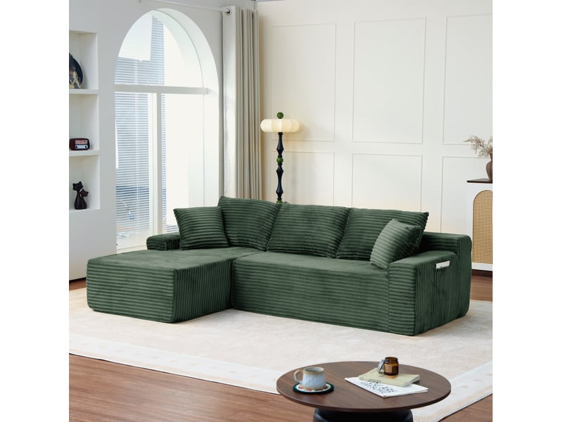  Canapé d’angle modulable 4 places en velours côtelé vert, 239x156x79 cm  - Conforama W