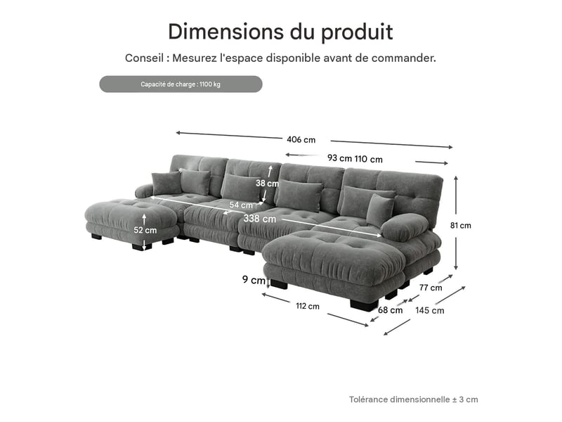  Canapé modulable en u 4 places en tissu chenille gris W3325S00067 - Conforama C