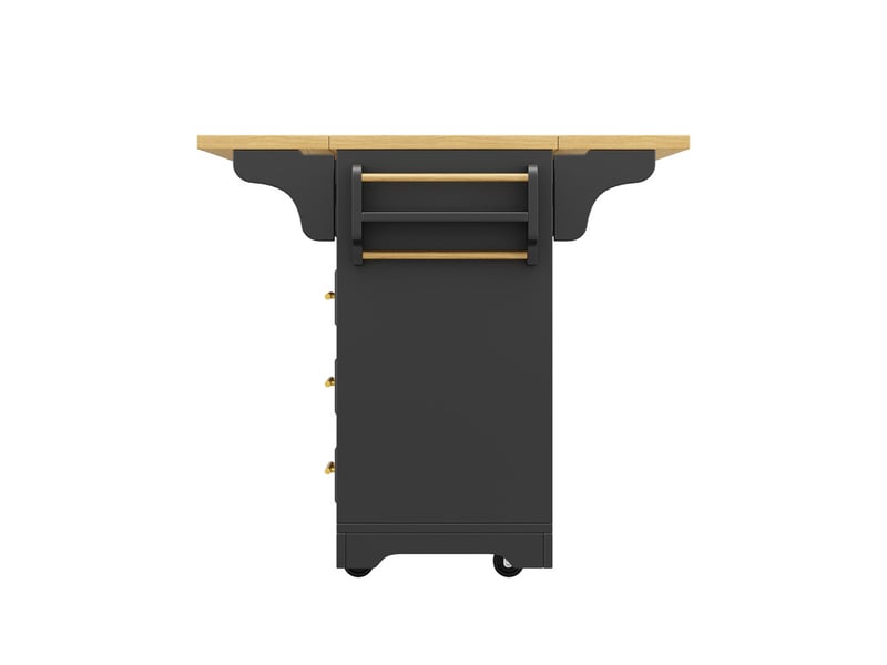  Îlot multifonction avec table extensible, portes verticales, tiroirs, plateau rabattable 2 côtés, roulettes, 120x40x95 cm, noir  - Conforama E