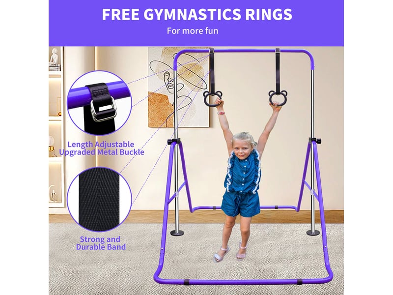 Barre de gymnastique enfant réglable 99,06x144,78x129,54 cm – violette – anneaux et pliable pour rangement - Conforama B