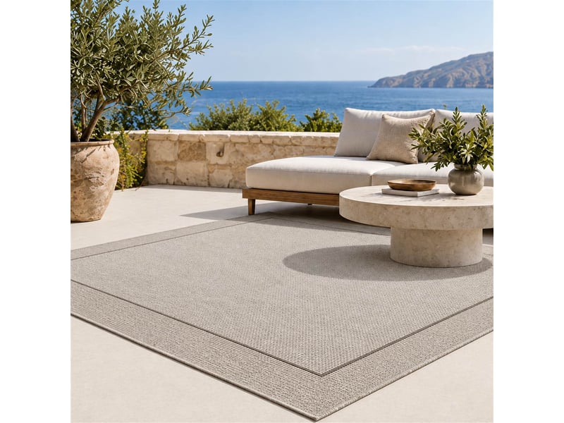  The white stone tapis extérieur avec bordure 160x230 cm gris | pour intérieur et extérieur, résistant aux uv et à l'eau, lavable | tapis en polypropylène tissé à plat effet sisal  - Conforama C