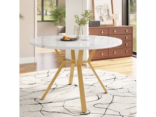 Table à manger ronde ø100 cm avec plateau effet marbre, table de repas moderne avec piètement en x en métal, design épuré, blanc et doré