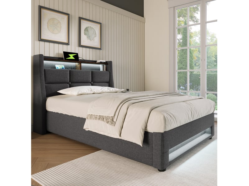  Lit coffre usb 90x200 cm avec led, lattes en bois et métal, gris sans matelas  - Conforama D