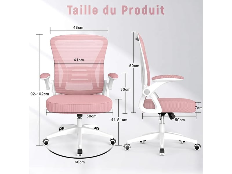  Chaise de bureau avec accoudoirs relevables, rose, sans appui-tête  - Conforama C