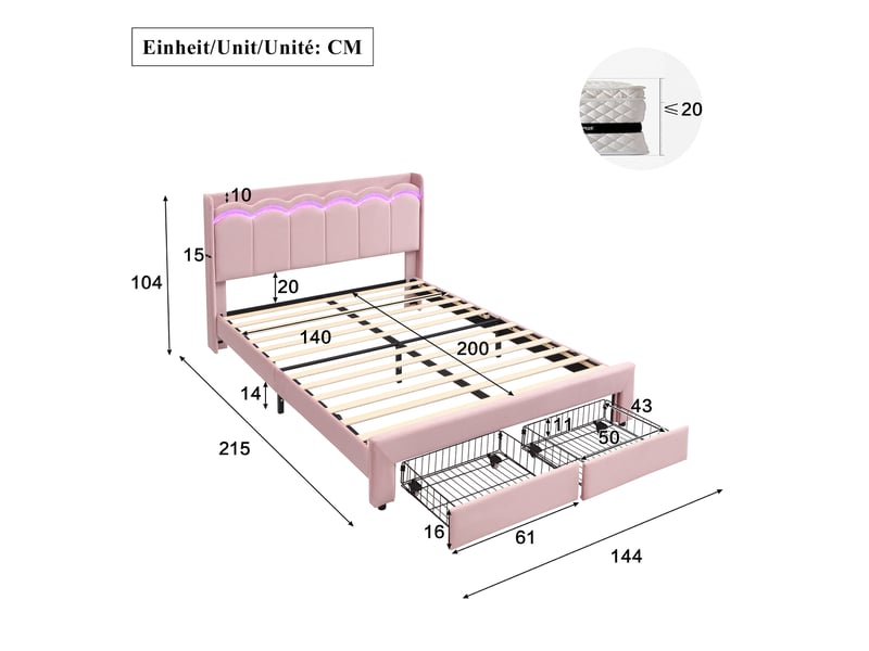  Lit enfant 140 × 200 cm 2 places, 2 tiroirs, led pilotée par application et étagère, sans matelas, velours rose  - Conforama D