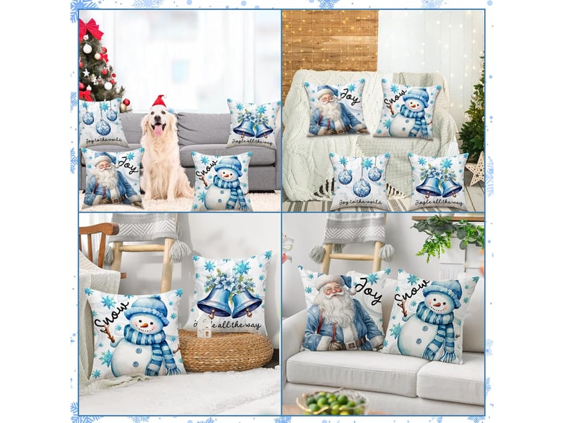  Lot de 4 housses de coussin décoratives de noël, 45 x 45 cm, en lin bleu, motif sapin et père noël  - Conforama D