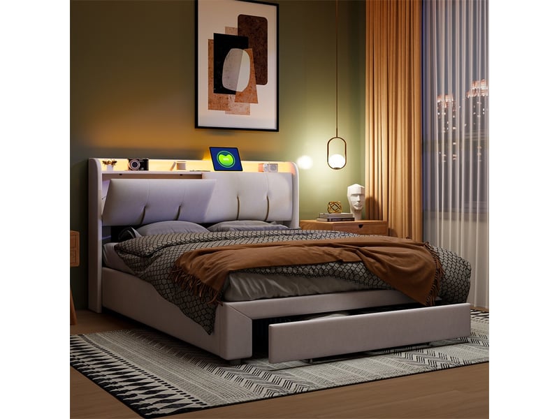 Lit 140x200cm - lit coffre 140x200cm - lit hydraulique avec rangement, tête de lit étagère, prises usb et led - velours beige - Conforama D