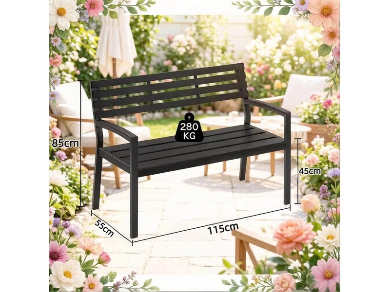  Banc de jardin extérieur 115 x 55 x 85 cm avec dossier et accoudoirs noir  - Conforama C