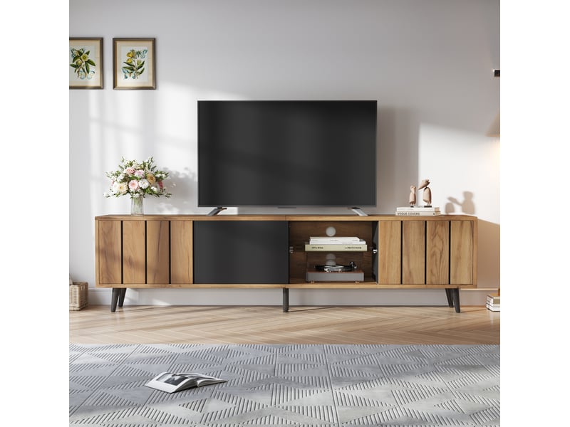  Meuble tv tcqpz 175 x 31,5 x 45 cm avec 3 portes et étagère centrale en verre bois et noir pour téléviseur jusqu'à 75 pouces  - Conforama D