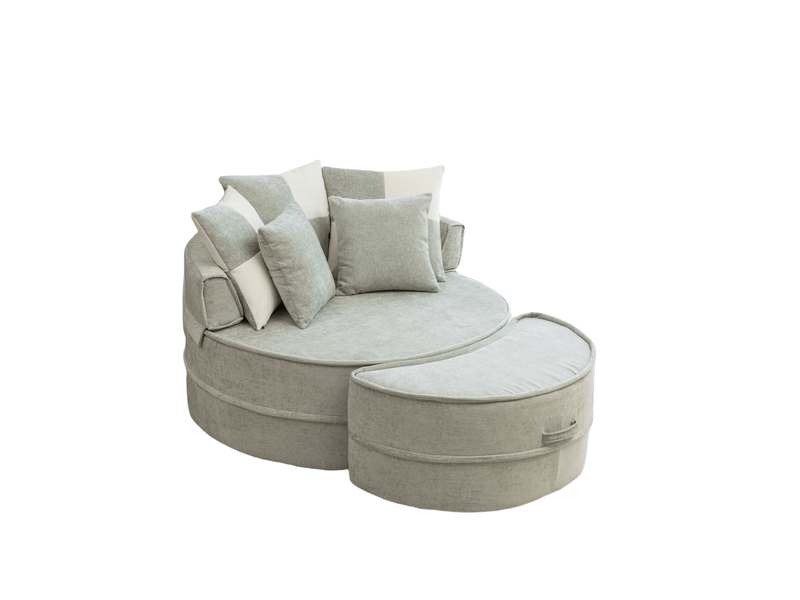  Fauteuil rond en chenille vert menthe avec pouf, fauteuil lounge une place avec cinq coussins pour salon et chambre  - Conforama A