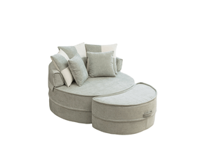 Fauteuil rond en chenille vert menthe avec pouf, fauteuil lounge une place avec cinq coussins pour salon et chambre