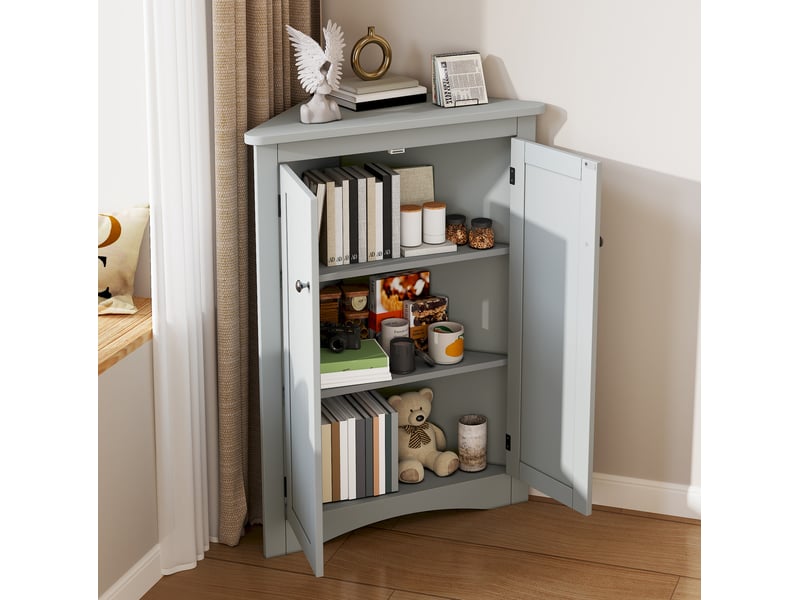  Armoire de salle de bain d'angle avec 2 portes et 3 niveaux de rangement, en mdf gris pour salle de bain, 61,5 × 80 cm  - Conforama B