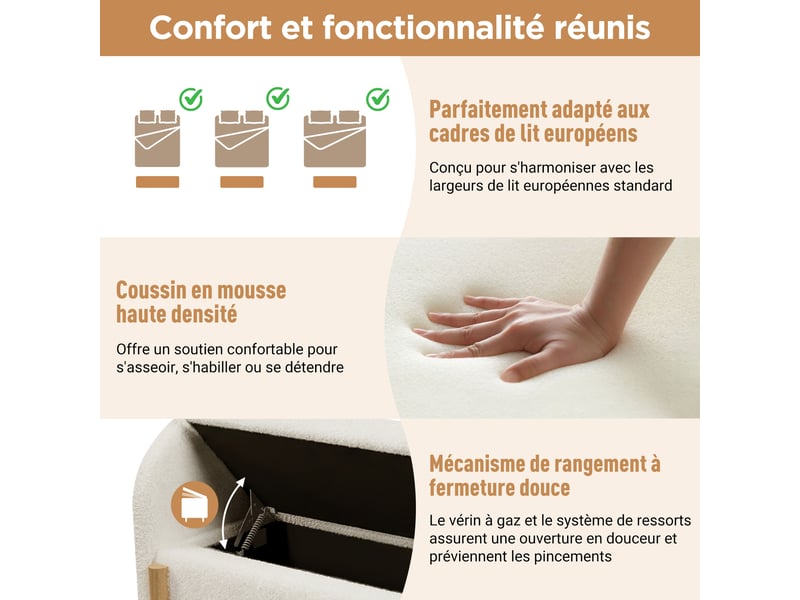  Banquette coffre tissu bouclé blanc avec rangement hydraulique 106x47x61 cm N616P503679W - Conforama E
