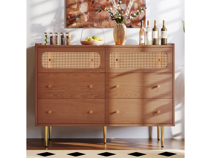  Commode 6 tiroirs avec détails en rotin pour chambre en panneaux 120×40×90 cm noyer  - Conforama B