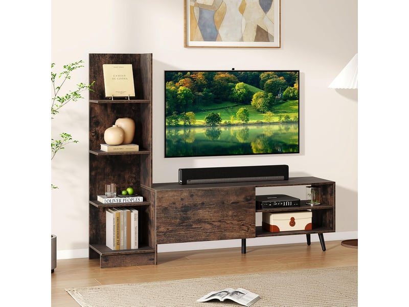 Meuble tv pour téléviseurs jusqu'à 50 pouces, console tv moderne en l avec bibliothèque et étagère réglable sur 3 niveaux, pieds en métal, marron  - Conforama B