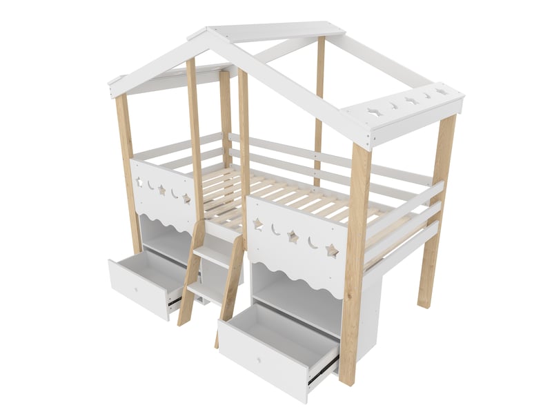 Lit surélevé forme maison avec 2 tiroirs et led, blanc et naturel, 90x200 cm  - Conforama D