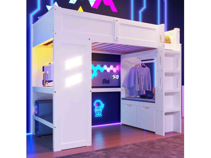  Lit mezzanine 90x200 cm avec bureau, éclairage led, tiroirs et échelle blanc  - Conforama E