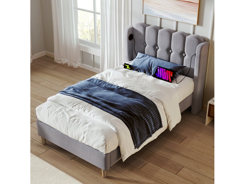  Lit simple capitonné avec sommier à lattes et usb type-c 90x200 cm gris  - Conforama D