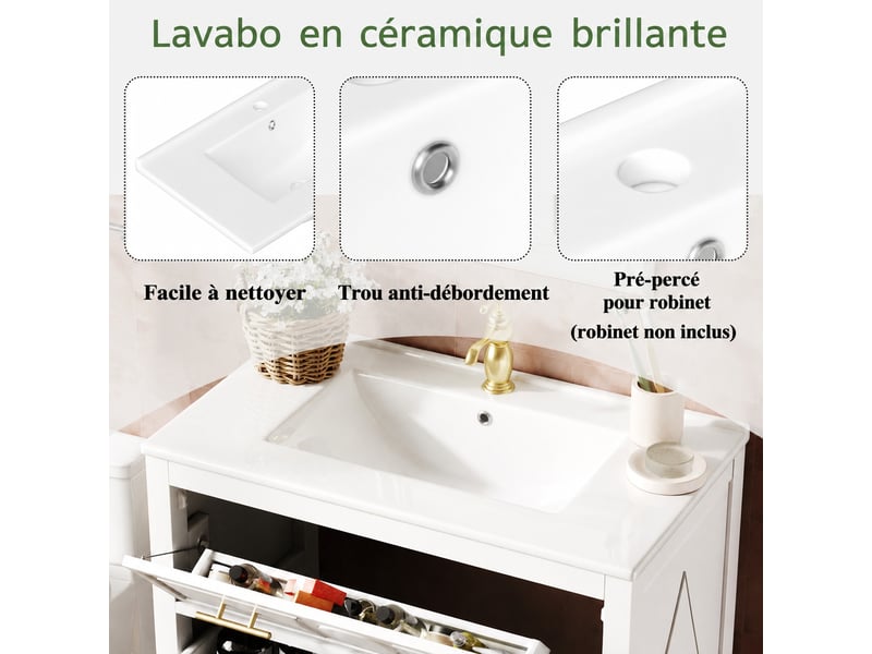  Meuble vasque blanc 81 cm avec 3 tiroirs et lavabo en céramique, style rétro  - Conforama E