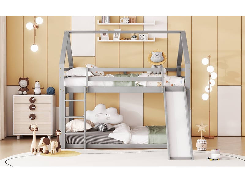  Lit superposé enfant en forme de maison avec toboggan et échelle 140x200 cm gris bois de pin mdf couchage deux places avec sommier à lattes Sol Morn - Conforama E