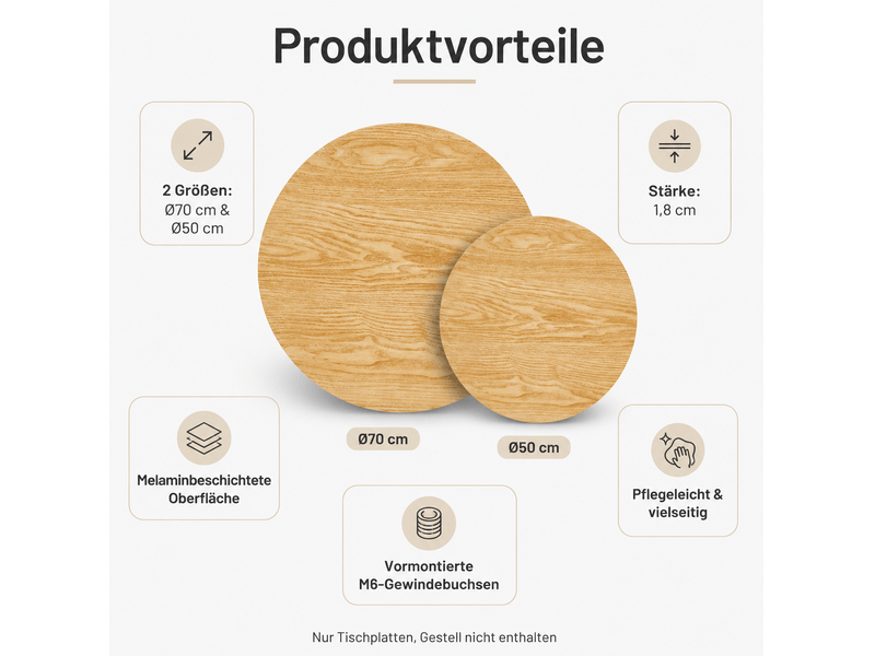  Plateaux de table ronds ulevr lot de 2 ø70 et ø50 cm, mdf mélaminé aspect bois clair, épaisseur 1,8 cm, sans piètement  - Conforama B