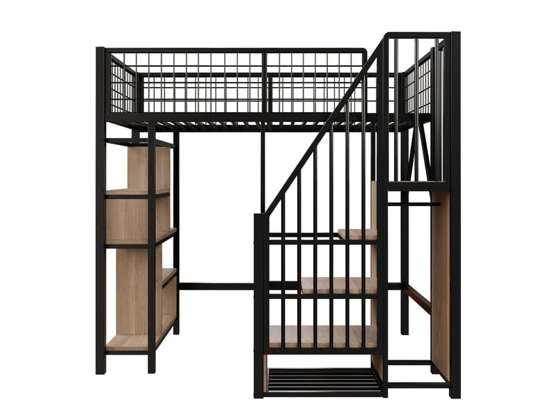  Lit mezzanine enfant 90x200 cm – noir – escalier de rangement, étagères et armoire - sans matelas  - Conforama D