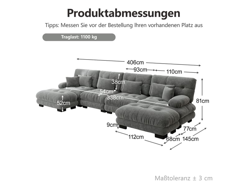 Canapé modulable modenvie 4 places en u 406 x 145 x 81 cm chenille gris avec ottomans mobiles - Conforama C