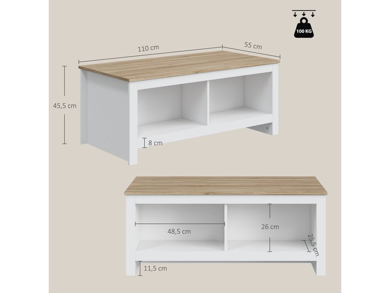  Table basse rectangulaire, table de salon moderne avec 4 compartiments ouverts, chêne et blanc, 110 x 55 x 45,5 cm  - Conforama C