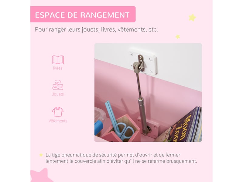  Coffre à jouet enfant banc de rangement enfant couvercle rabattable et charnières de sécurité 60 x 30 x 50 cm rose  - Conforama E