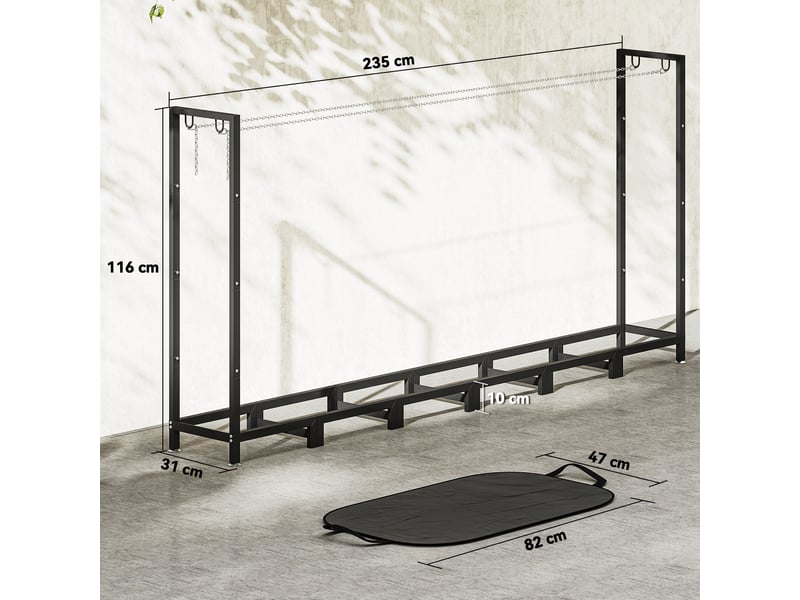  Porte-bûches extérieur réglable en acier, capacité 150 kg, 235 x 31 x 116 cm, noir  - Conforama E