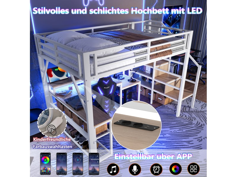  Lit mezzanine 140x200 cm avec bureau, led et rangements blanc  - Conforama E