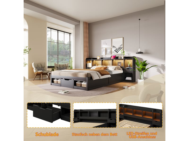  Lit double plateforme 140x200 cm en bois avec 3 tiroirs,lit coffre avec led et port usb,tête de lit bibliothèque,sans matelas,noir  - Conforama D