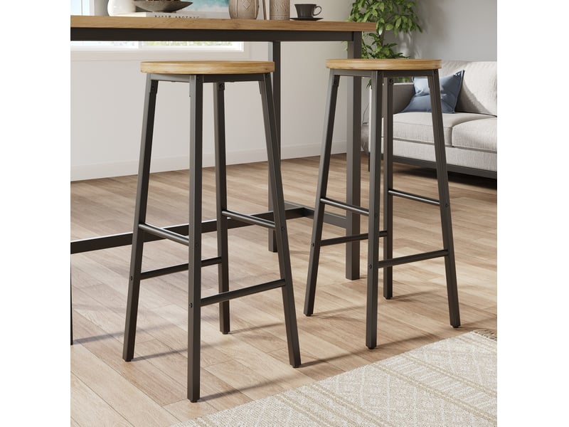  Tabouret de bar lot de 2 avec deux repose-pieds et pieds réglables, assise effet bois, en métal noir  - Conforama B