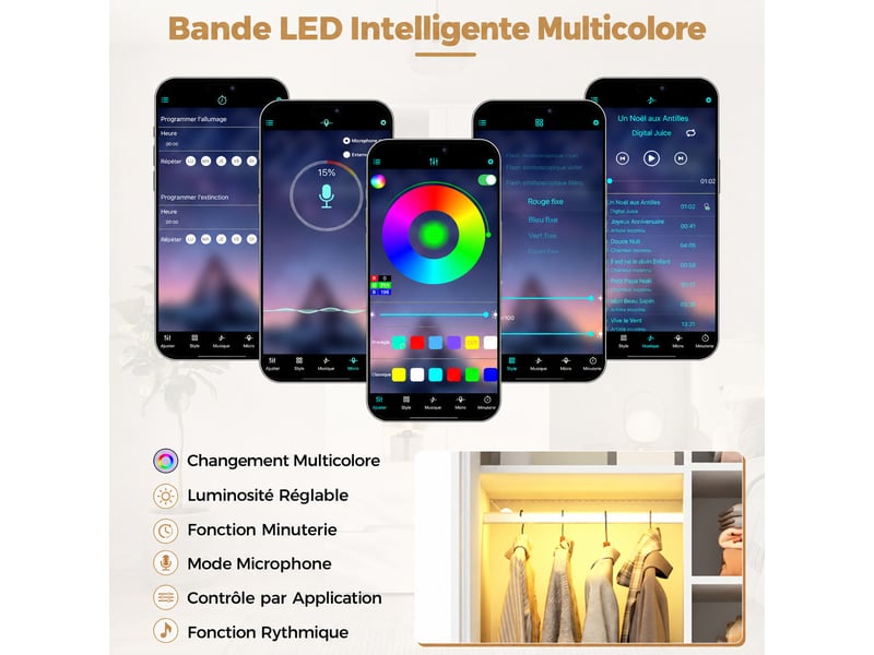  Armoire avec lumière led, 90x50x200cm, 1 tringle, 3 portes, 2 tiroirs et 6 compartiments de rangement, blanc  - Conforama E