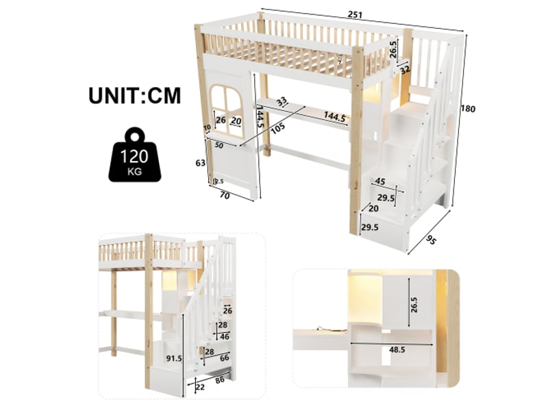 Lit mezzanine adulte 90x200 cm | bureau, led, fenêtre décorative et prises, sans matelas - Conforama D
