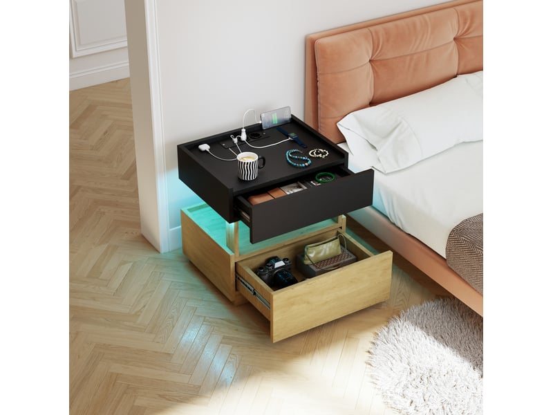  Table de chevet intelligente – charge sans fil, led et usb – 2 tiroirs, noir et naturel, 50 x 40 x 50 cm  - Conforama C