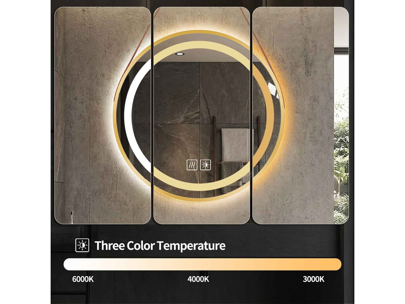 Miroir de salle de bain led 70 cm rond bordure dorée avec sangle anneau lumineux intégré verre sécurit tactile anti-buée - Conforama B