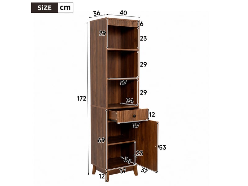  Armoire de salle de bain avec porte réversible, tiroir, niches ouvertes et fermeture douce, noyer, 40 × 36 × 172 cm  - Conforama C