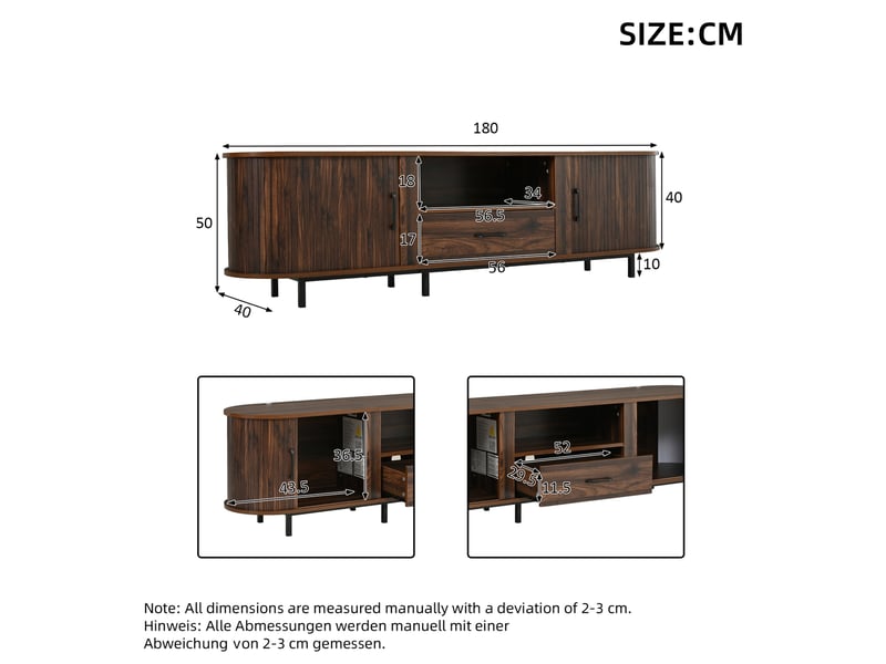  Meuble tv 180x40x50 cm avec tiroirs et niches de rangement, structure en mdf, coloris bois foncé noyer, pour le salon  - Conforama C