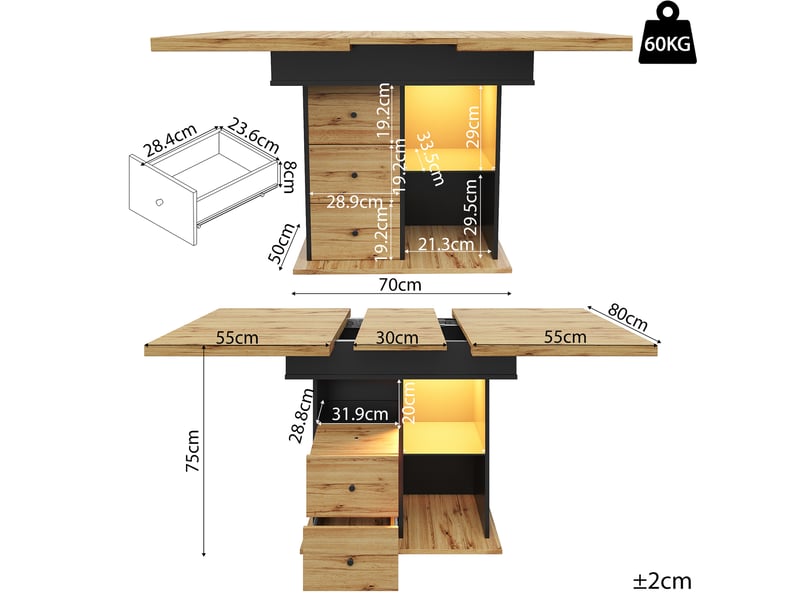  Table à manger extensible 110x140x80 cm, éclairage led intégré, panneau de fibres et particules, noir et naturel  - Conforama C